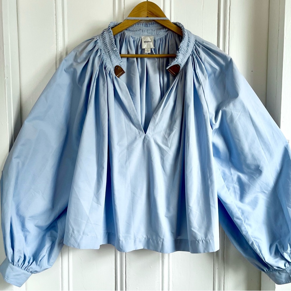 Anthropologie Maeve Pale Blue Blouse with gathered Neckline, L, & NWOT